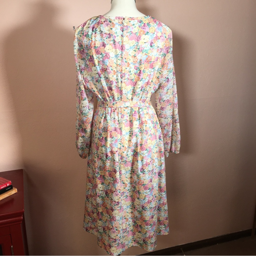 Vintage 60 70 Cottagecore Pastel Floral Peasant Midi Dress Poet sleeves - Picture 4 of 16